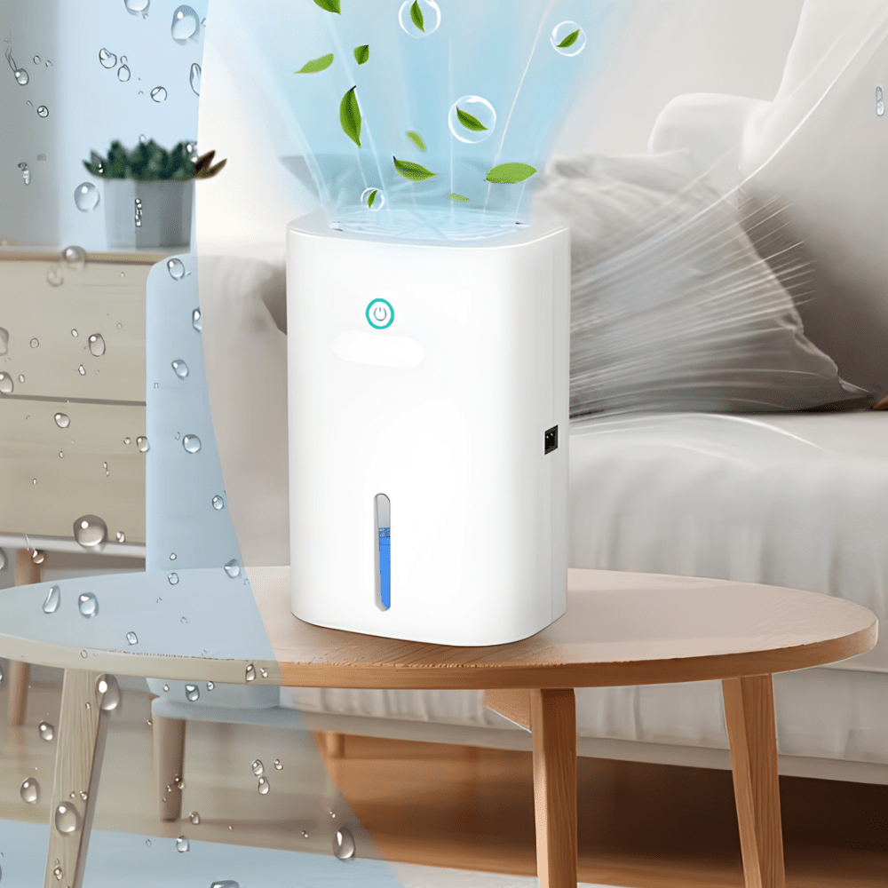 Portable dehumidifier designed for bathroom and bedroom use, featuring quiet operation and a large capacity for effective moisture control in a compact size. 0